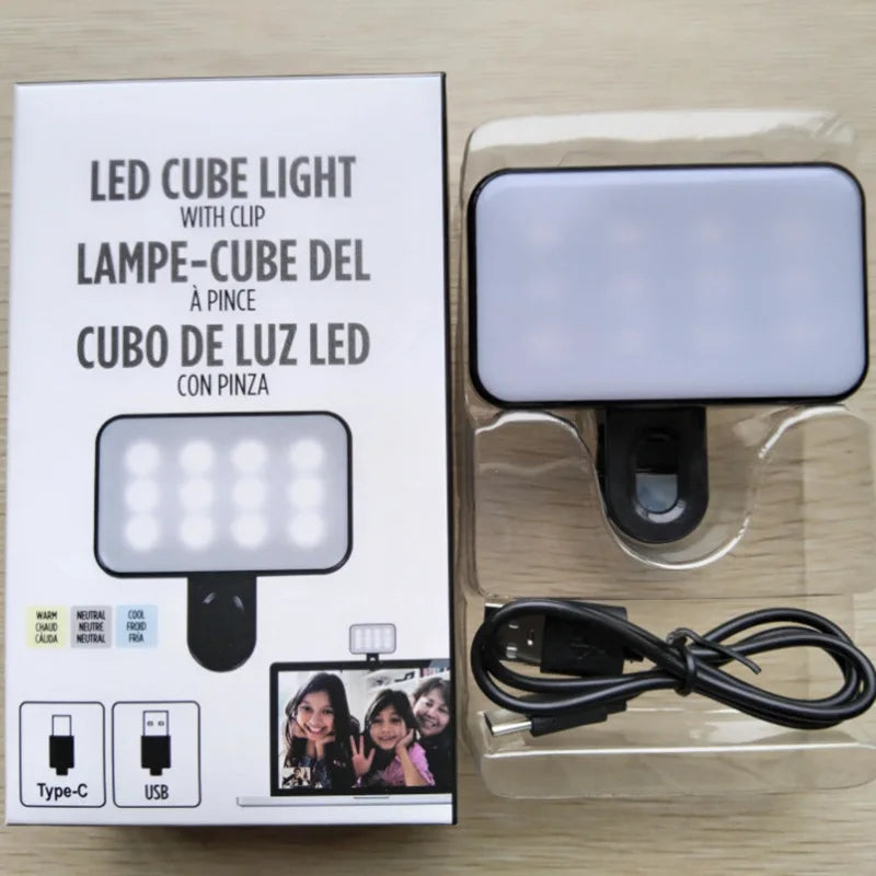 Mini lampe de remplissage LED portable pour selfie, 3 modes, luminosité réglable, avec clip pour téléphone