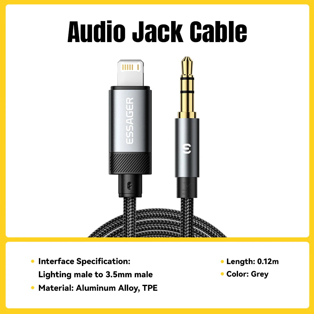 Cable adaptateur prise auxiliaire 3,5 mm vers USB-C, USB-A et Lightning iPhone