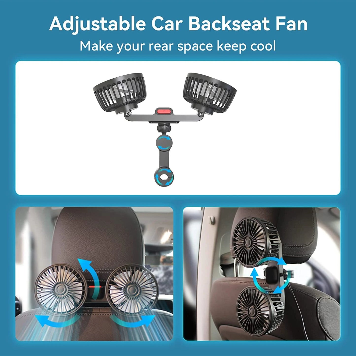 Ventilateur de voiture 360°, 3 vitesses, charge USB, double tête, rotation réglable