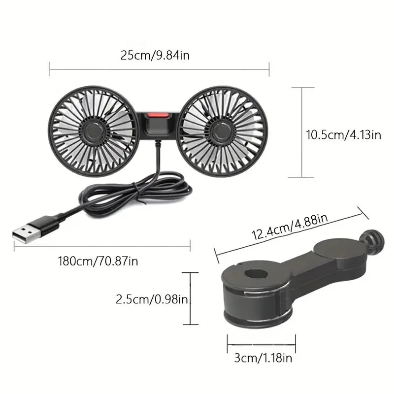 Ventilateur de voiture 360°, 3 vitesses, charge USB, double tête, rotation réglable