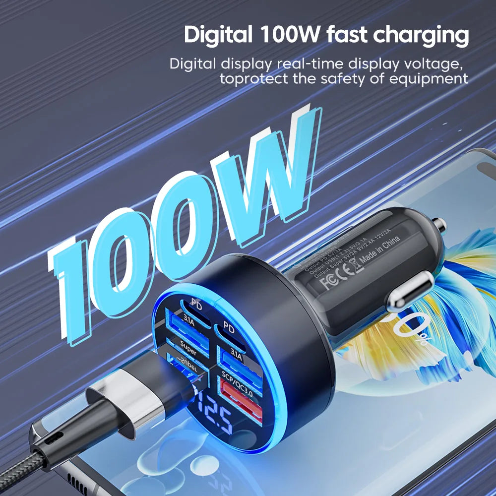 Chargeur de voiture 100 W, 6 ports, charge rapide PD, QC3.0, USB C
