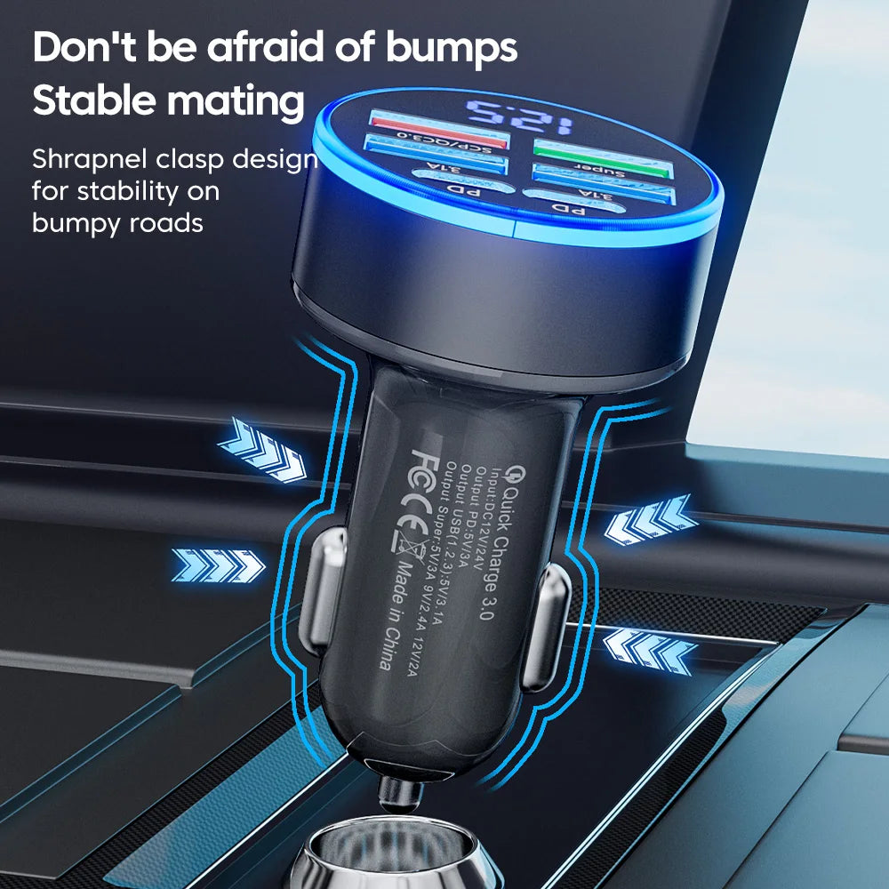 Chargeur de voiture 100 W, 6 ports, charge rapide PD, QC3.0, USB C