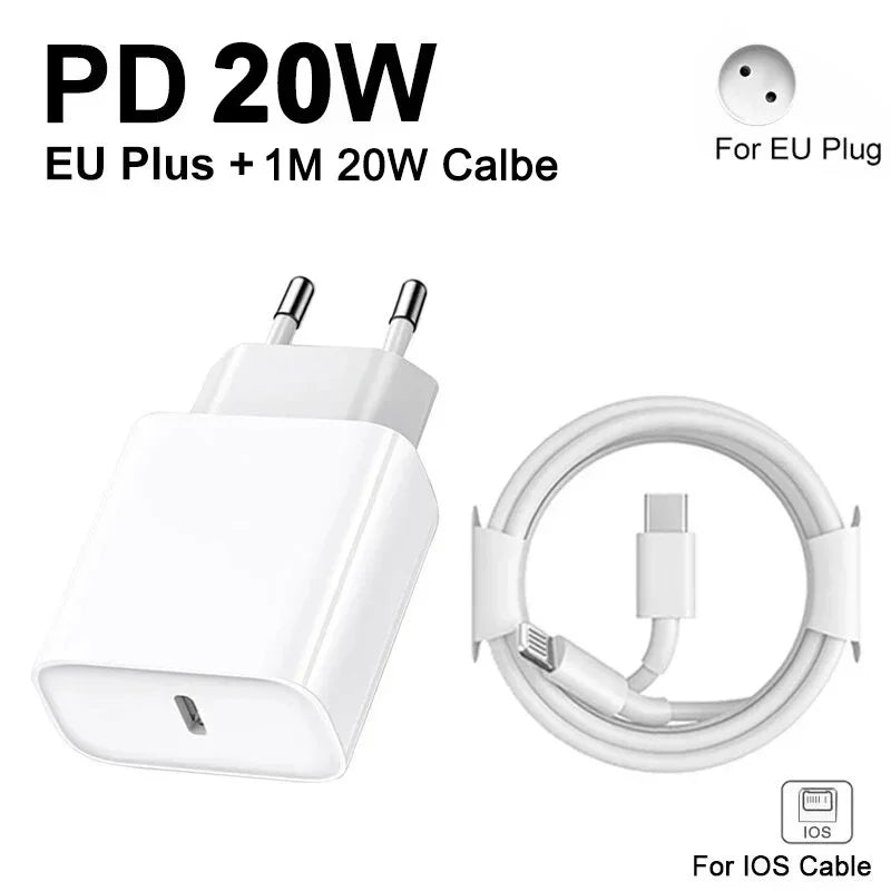 Chargeur Rapide 20W + Câble 1M USB C vers Lightning ou type C. Selon modèle iPhone, Samsung, Xiaomi, Huawei…