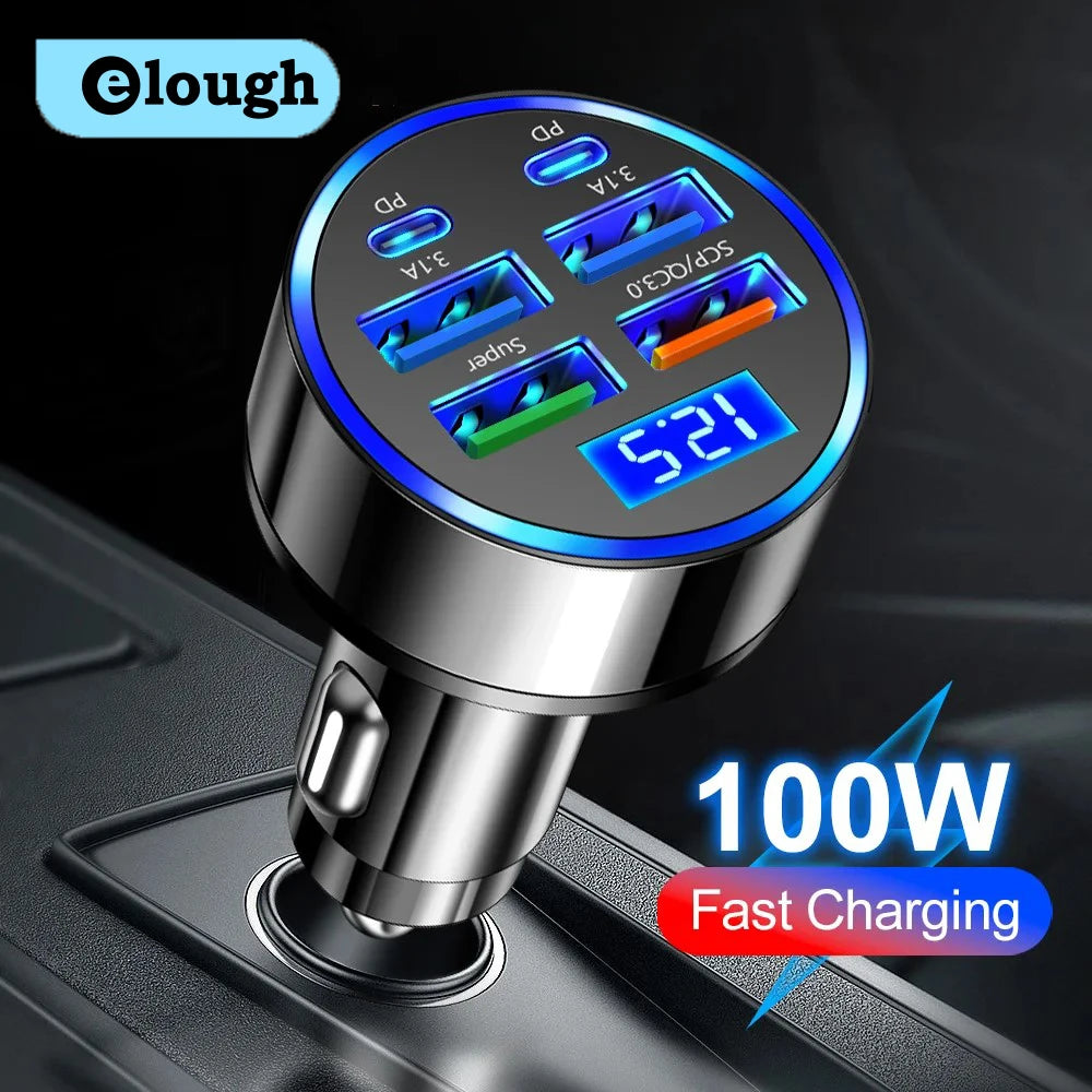 Chargeur de voiture 100 W, 6 ports, charge rapide PD, QC3.0, USB C