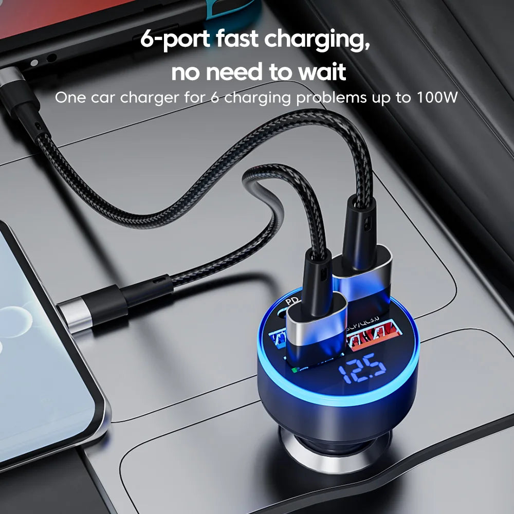Chargeur de voiture 100 W, 6 ports, charge rapide PD, QC3.0, USB C