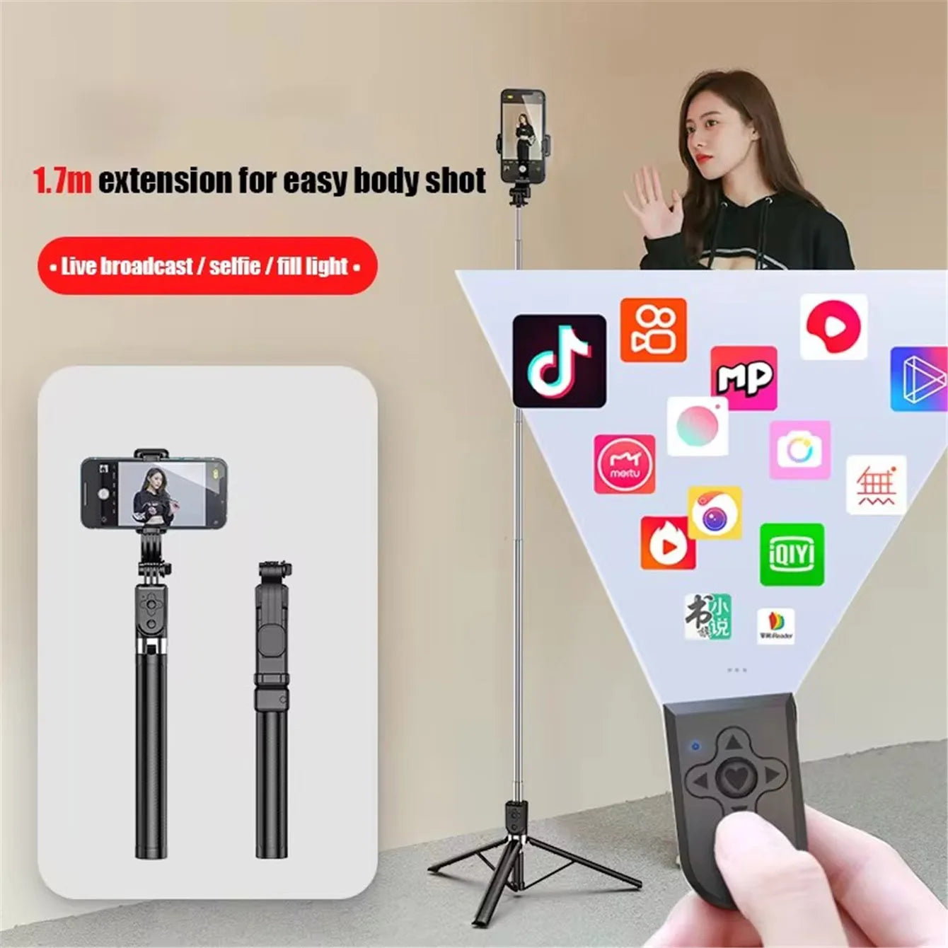 Perche à Selfie sans fil Bluetooth longue de 1.67M, pliable avec lumière de remplissage pour Smartphones