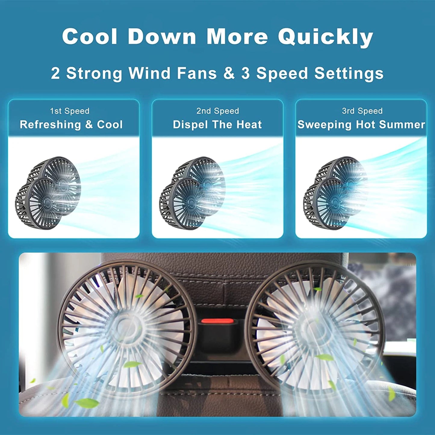 Ventilateur de voiture 360°, 3 vitesses, charge USB, double tête, rotation réglable
