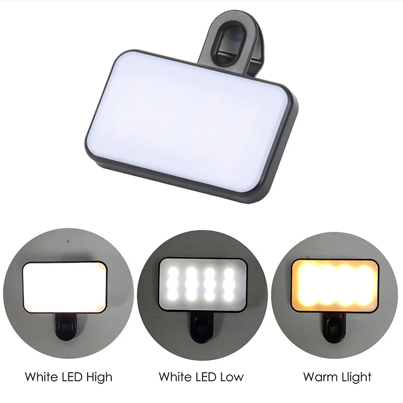 Mini lampe de remplissage LED portable pour selfie, 3 modes, luminosité réglable, avec clip pour téléphone