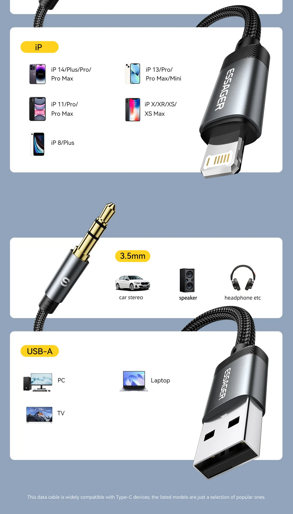 Cable adaptateur prise auxiliaire 3,5 mm vers USB-C, USB-A et Lightning iPhone