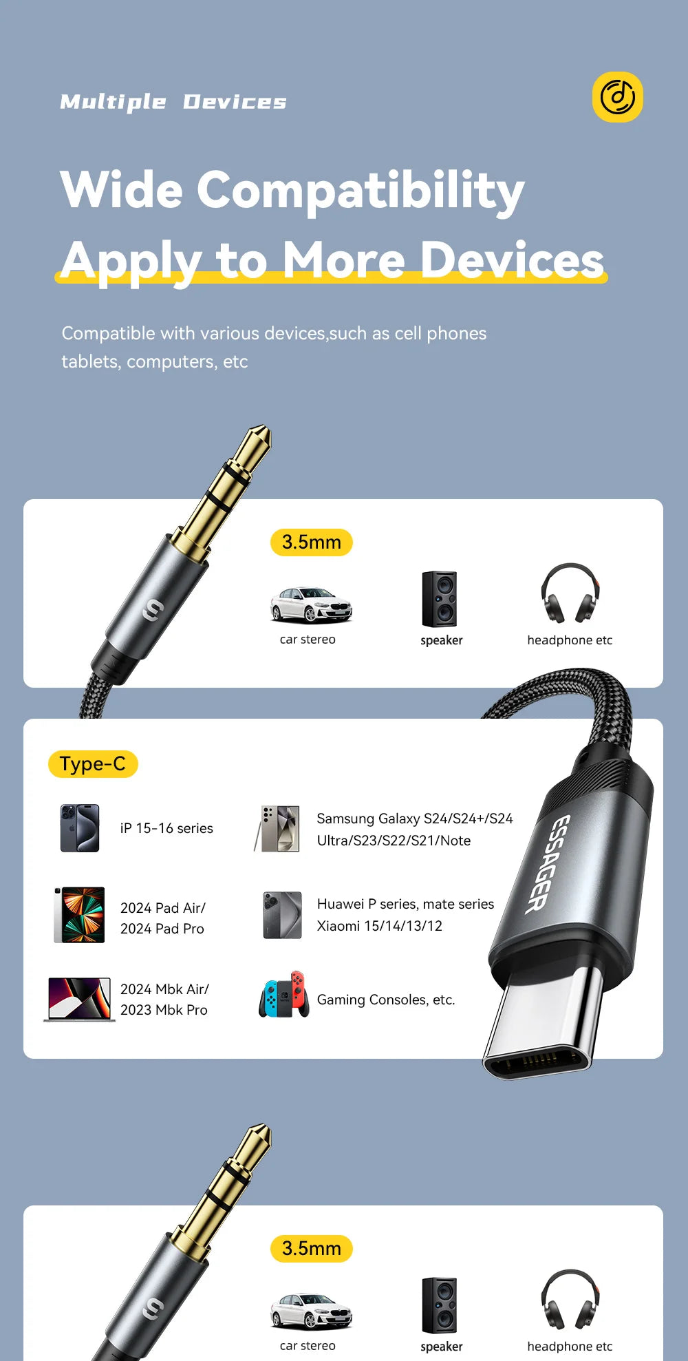 Cable adaptateur prise auxiliaire 3,5 mm vers USB-C, USB-A et Lightning iPhone