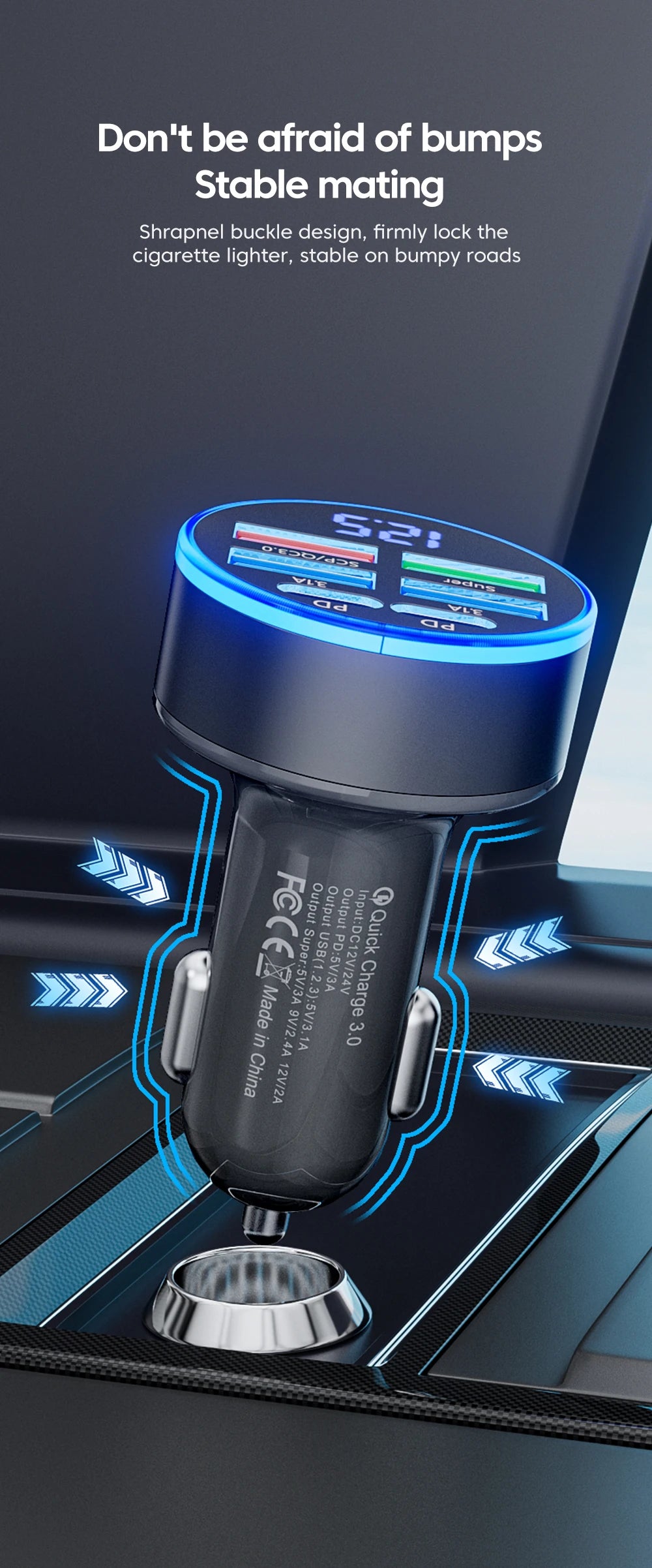 Chargeur de voiture 100 W, 6 ports, charge rapide PD, QC3.0, USB C