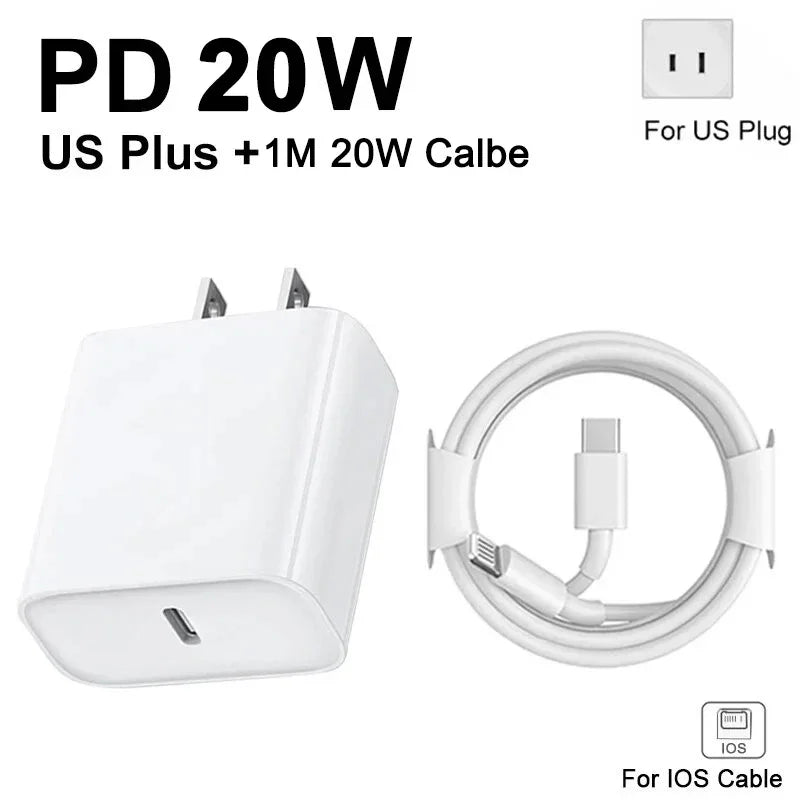 Chargeur Rapide 20W + Câble 1M USB C vers Lightning ou type C. Selon modèle iPhone, Samsung, Xiaomi, Huawei…