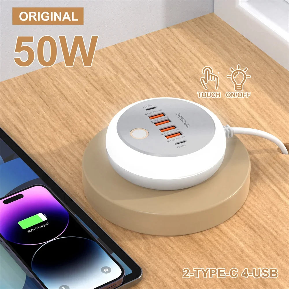chargeur rapide pour téléphone portable Multiprise 50 W, prise USB C multiport avec veilleuse tactile