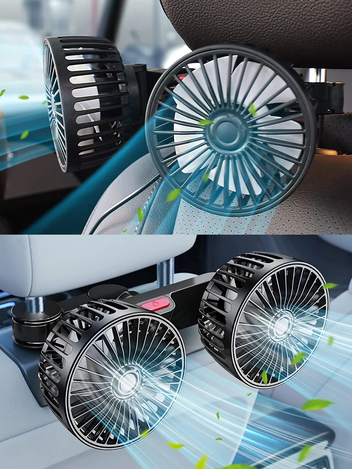 Ventilateur de voiture 360°, 3 vitesses, charge USB, double tête, rotation réglable