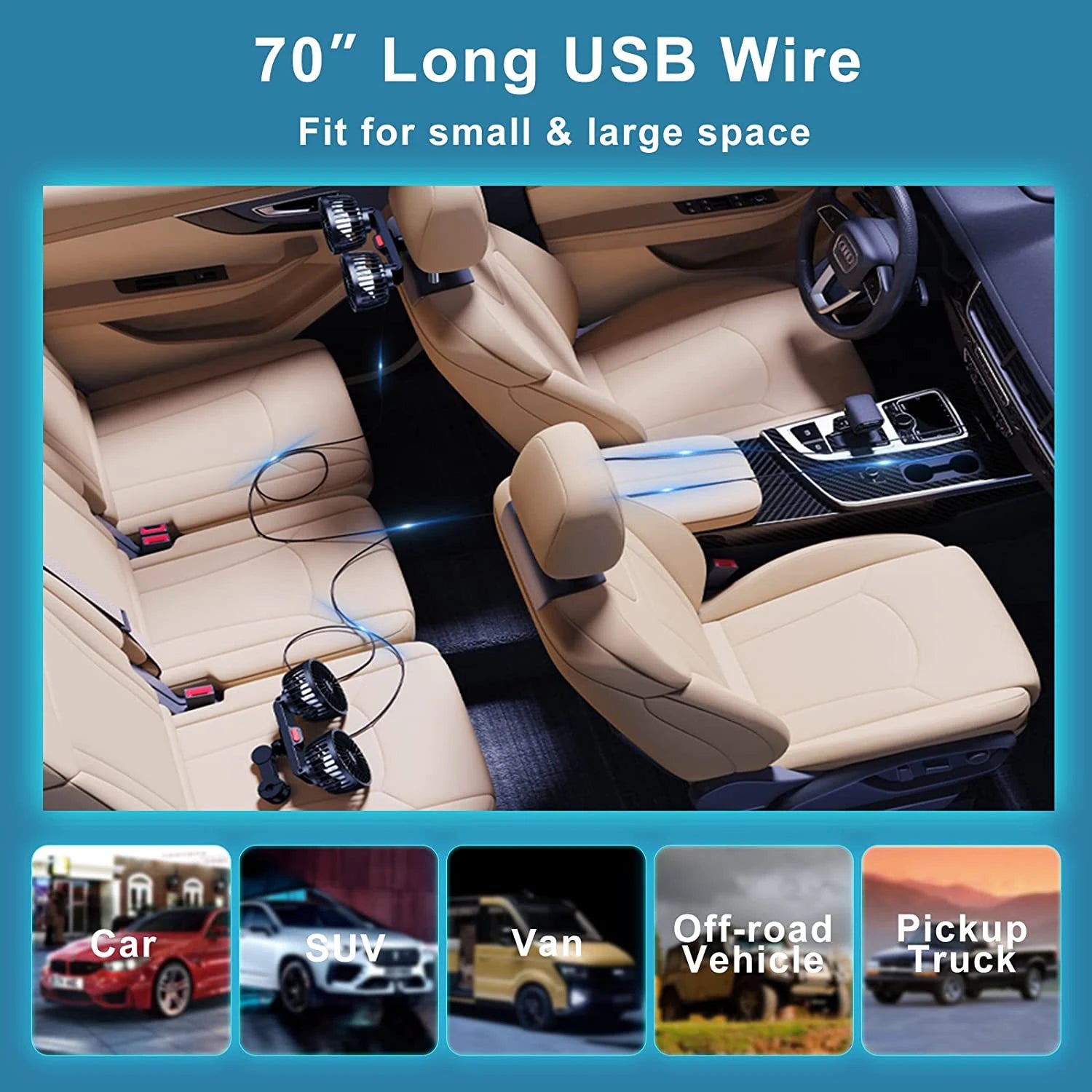 Ventilateur de voiture 360°,  3 vitesses, charge USB, double tête, rotation réglable