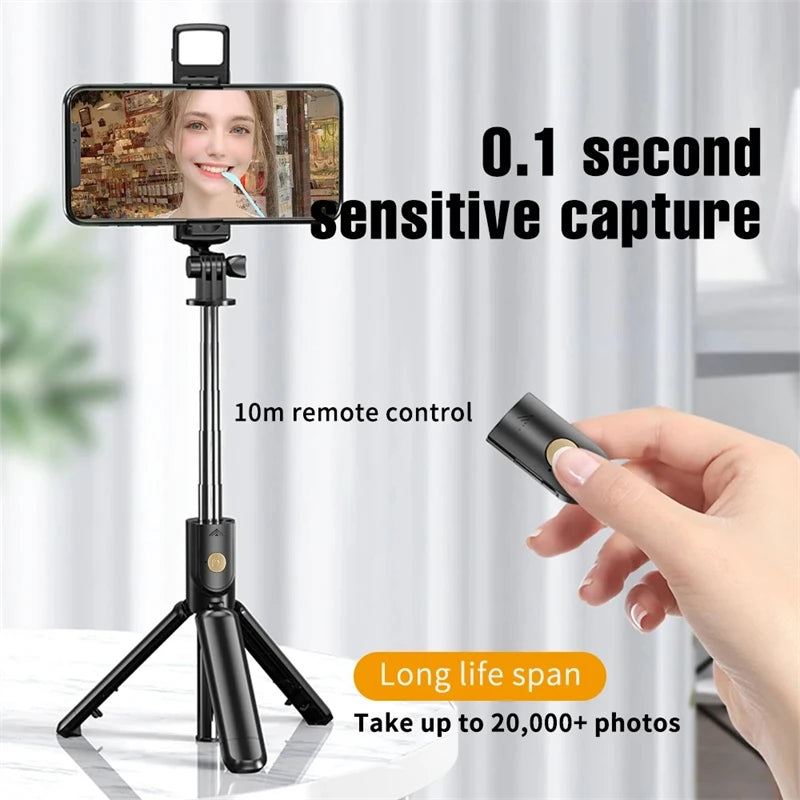 Trépied et  perche à Selfie, avec télécommande Bluetooth légère, extensible avec lumière d'appoint