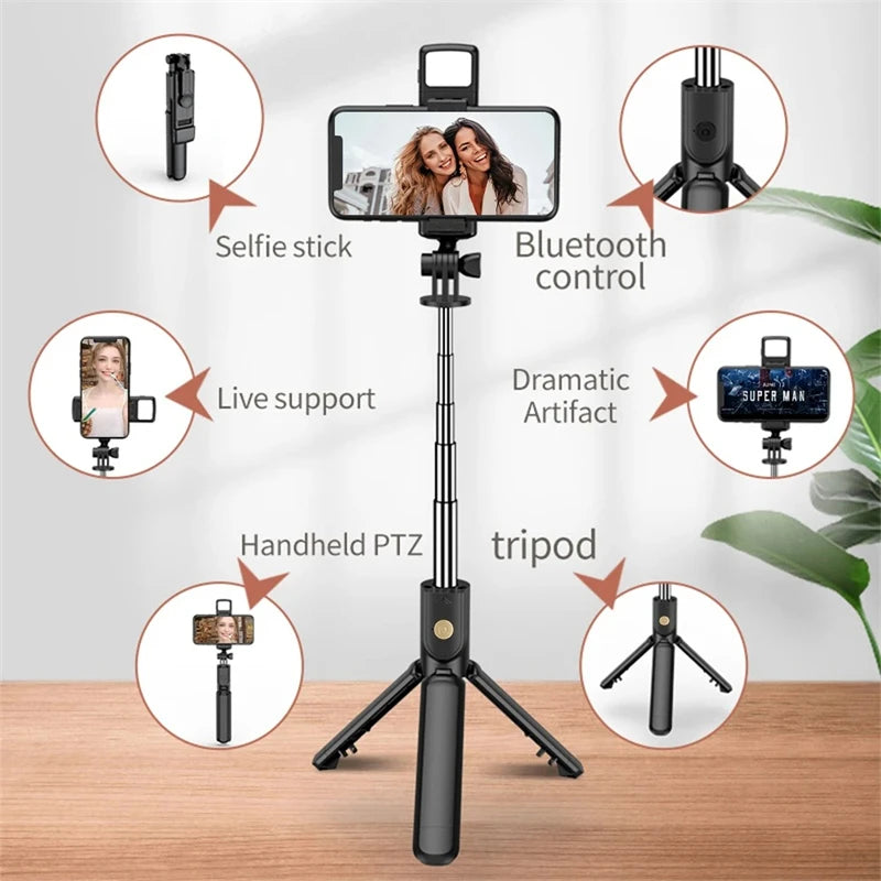 Trépied et  perche à Selfie, avec télécommande Bluetooth légère, extensible avec lumière d'appoint