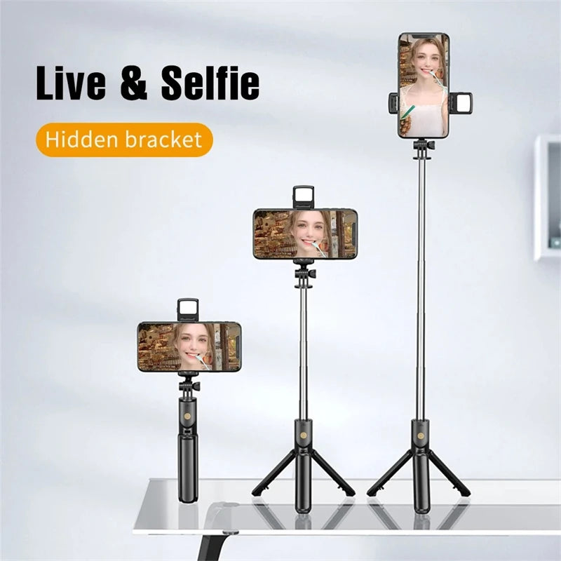Trépied et  perche à Selfie, avec télécommande Bluetooth légère, extensible avec lumière d'appoint