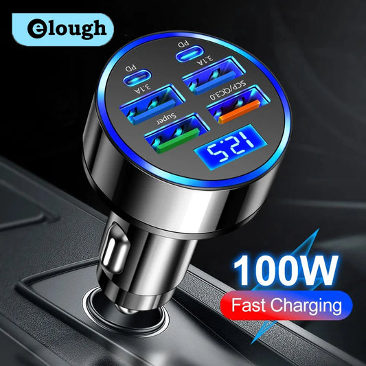 Chargeur de voiture 100 W, 6 ports, charge rapide PD, QC3.0, USB C