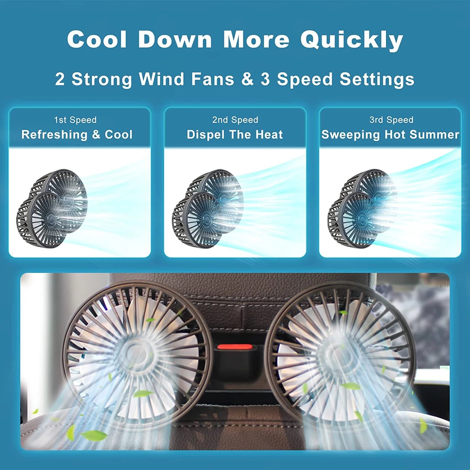 Ventilateur de voiture 360°,  3 vitesses, charge USB, double tête, rotation réglable