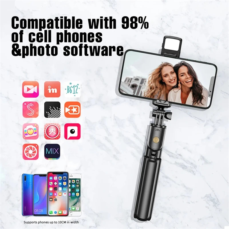 Trépied et  perche à Selfie, avec télécommande Bluetooth légère, extensible avec lumière d'appoint