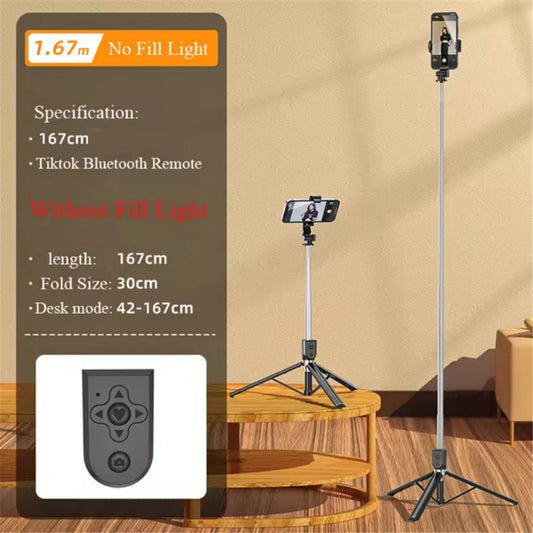 Perche à Selfie sans fil Bluetooth longue de 1.67M, pliable avec lumière de remplissage pour Smartphones