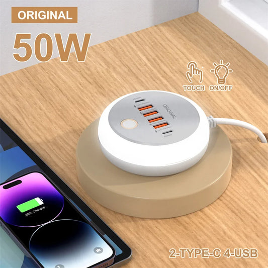 chargeur rapide pour téléphone portable Multiprise 50 W, prise USB C multiport avec veilleuse tactile