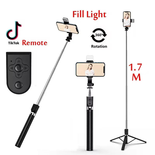 Perche à Selfie sans fil Bluetooth longue de 1.67M, pliable avec lumière de remplissage pour Smartphones