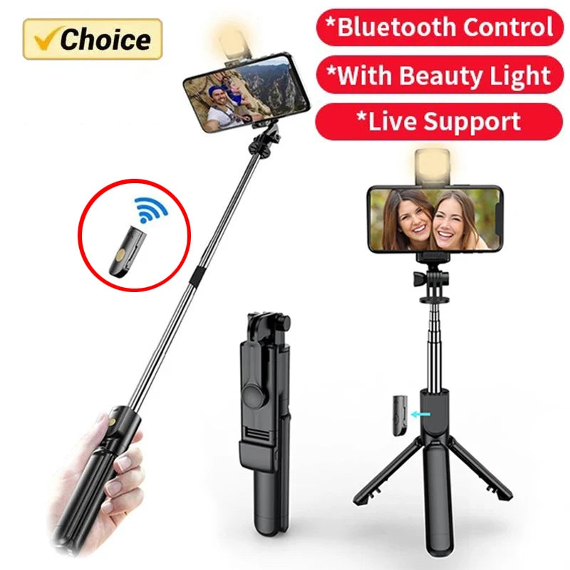 Trépied et  perche à Selfie, avec télécommande Bluetooth légère, extensible avec lumière d'appoint